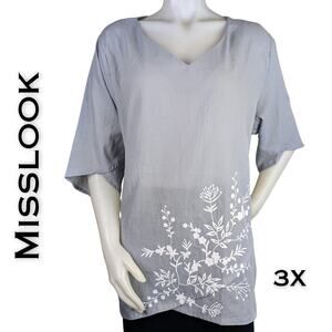 Misslook Tunic Top 3X Gray White Floral V-Neck Short Half Sleeve Lightweight